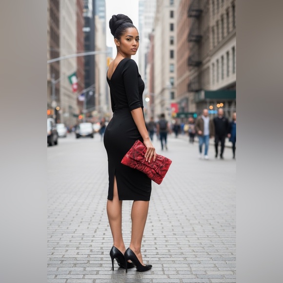 Furla EUC Red and Black Snake-Print Bow Clutch - Picture 2 of 11